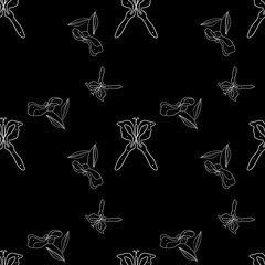 White contours of butterflies and flowers on a black background. Vector seamless pattern. Background illustration, decorative design for fabric or paper. Ornament modern