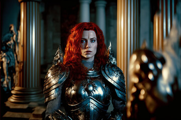 Red-haired woman armored paladin. Generative AI.