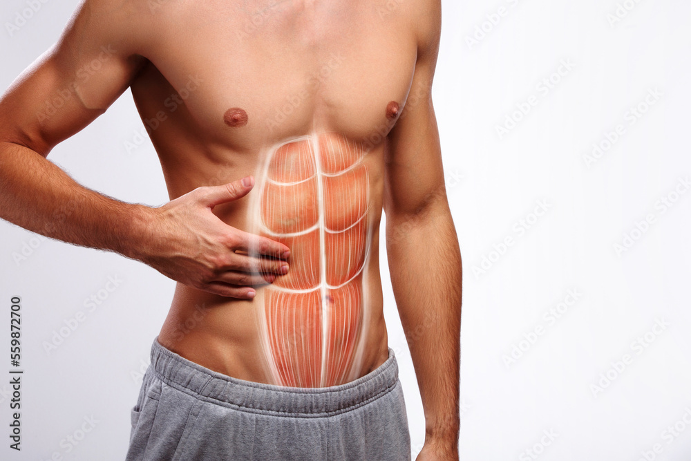 Wall mural stomach pain, stomach muscles injury, male abdomen abs muscle illustration