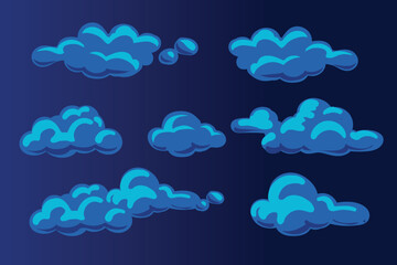 Night clouds in moon light set. Cartoon fluffy clouds in vector.