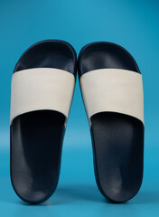 Blue and white slippers above view