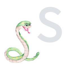 Letter S, snake, cute kids animal ABC alphabet. Watercolor illustration isolated on white background. Can be used for alphabet or cards for kids learning English vocabulary and handwriting.