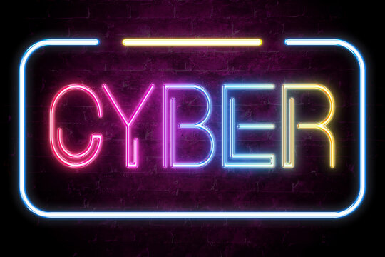 cyber text on the brick wall in realistic color neon glow