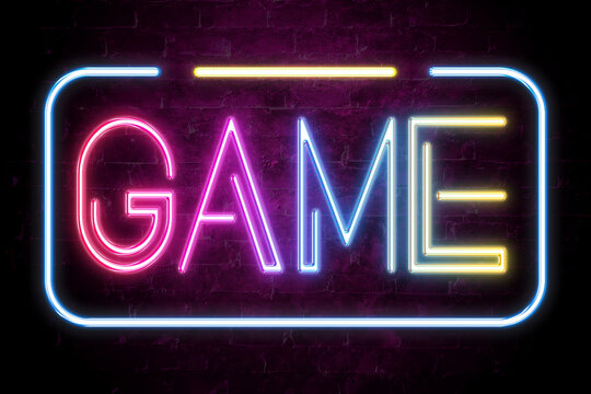 game text on the brick wall in realistic color neon glow