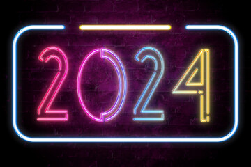 year 2024 text on the brick wall in realistic color neon glow