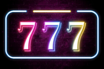 777 text on the brick wall in realistic color neon glow