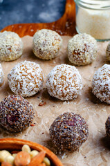 Assorted Vegan Sweets, Delicious Candy Balls with seeds, dried fruit, nuts, and cocoa powder, Healthy Candies