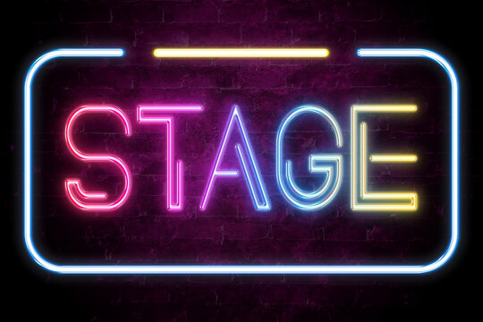 stage text on the brick wall in realistic color neon glow