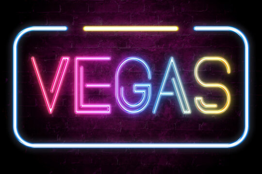 vegas text on the brick wall in realistic color neon glow