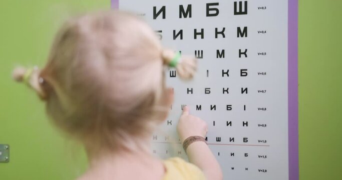 Back view on little girl is tested for visual acuity in distance according to table of eye checks. Examination of child