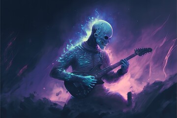 Obraz na płótnie Canvas Mysterious man plays guitar in glowing fog