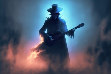 Fototapeta na wymiar Mysterious man plays guitar in glowing fog