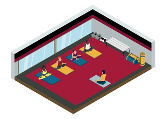 Isometric yoga room, with related equipment. people doing yoga, sports lifestyle. meditation.Vector illustration isolated on white background.