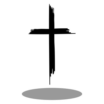 Cross painted brushes. Church of Jesus Christ logo. Hand drawn black grunge cross icon, simple Christian cross sign, hand-painted cross symbol isolated on white background.