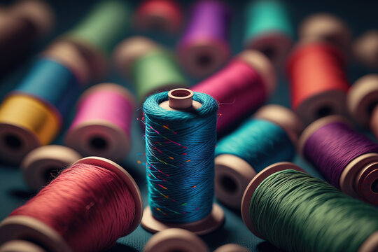 Different color spools of thread for the textile industry. background
