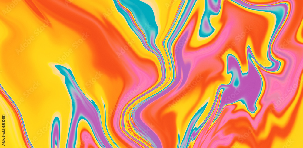 Poster abstract neon background with colorful leaks in psychedelic style.