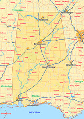 Alabama Karte mit Städte Gemeinde Landkreise Flüße Straßen