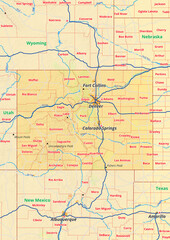 Fototapeta na wymiar Colorado Karte mit Städte Gemeinde Landkreise Flüße Straßen