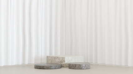 3D rendering Stone Stand With White Curtain Background, White Cu