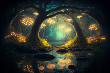 Fantasy glowing fungi forest scene AI Generative	
