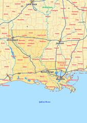 Fototapeta na wymiar Louisiana Karte mit Städte Gemeinde Landkreise Flüße Straßen