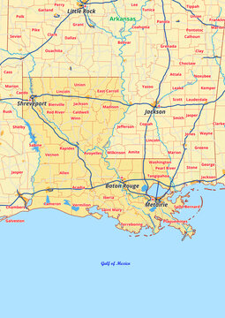Louisiana Karte mit Städte Gemeinde Landkreise Flüße Straßen