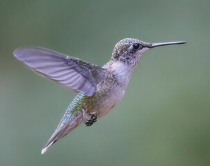 Fototapeta na wymiar ruby throated hummingbird in flight isolated on green 
