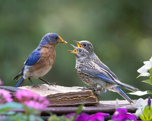 Obraz premium Male adult bluebird feeding young