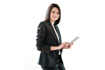A woman in a business suit holds a tablet, looks at the camera, smiles, transparent background.