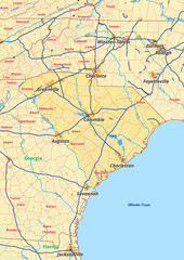 Fototapeta na wymiar South Carolina Karte mit Städte Gemeinde Landkreise Flüße Straßen