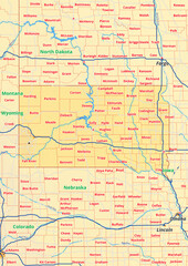 South Dakota Karte mit Städte Gemeinde Landkreise Flüße Straßen