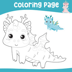 Educational printable coloring worksheet. Cute dragon illustration. Vector outline for coloring page.