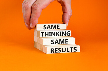 Same thinking and results symbol. Concept word Same thinking same results on wooden blocks. Beautiful orange table orange background. Business and same thinking and results concept. Copy space.