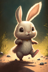 Cute little rabbit with Easter eggs in a charming forest. Generative Ai illustration in vector style. 