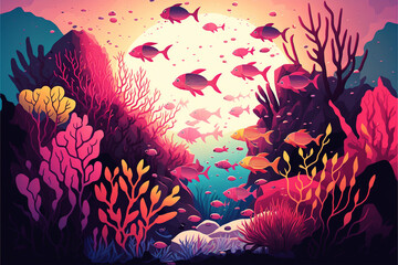Fototapeta na wymiar A school of brightly colored tropical fish, swimming through a field of coral in shades of pink and orange. The sunlight filters down through the water, casting a warm glow on the scene. Generative Ai