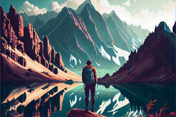 Traveler hiker looking at the lake in the distance at the edge of a mountain cliff. Generative Ai illustration in vector style.