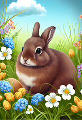 Cute little rabbit with Easter eggs in flowers meadow. Generative Ai illustration in vector style.