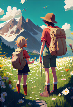 Two kids explore the beauty of nature in the flower meadow during hiking. Generative Ai illustration in vector style.