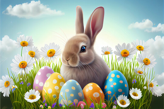 Cute little rabbit with Easter eggs in flowers meadow. Generative Ai illustration in vector style.