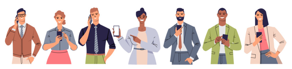 Different business people use mobile phone. Men and women call, scroll the screen, show the screen, talk via video chat. The concept of internet communication. Vector illustration in flat style.