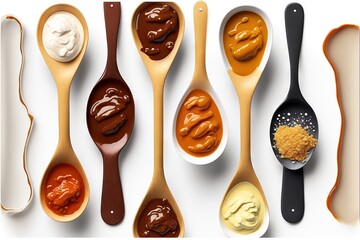  spoons with different sauces and sauces in them on a white surface with a spoon in the middle of them and a spoon with a spoon in the middle of them with a.