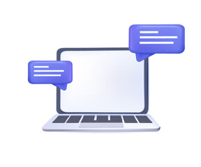 3D vector speech bubble with computer chat, laptop, notebook, online social conversation comment concept, emoji message, speech icons, chat social media. 3d speak bubble render vector illustration © RedVector