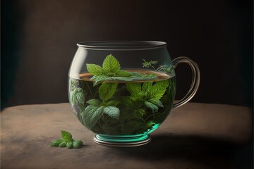  a glass cup filled with green leaves and water on a table next to a leafy plant in a glass cup on a table top of wood with a black background and a dark background.