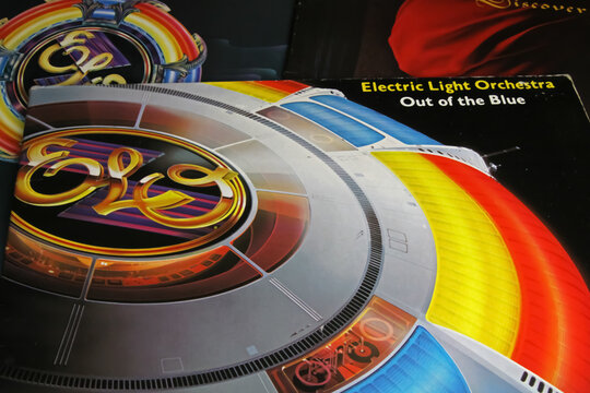 Viersen, Germany - November 9. 2022: Closeup of isolated vinyl record double album Out of the blue of ELO band Electric light orchestra, released 1977