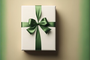  a white gift box with a green ribbon and a bow on it's side, on a green background, with a shadow of a wall and a light green area for text below.