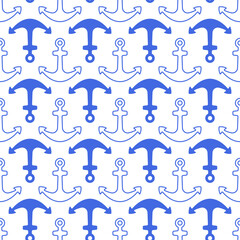 Small blue ship anchors isolated on white background. Cute monochrome seamless pattern. Vector simple flat graphic illustration. Texture.