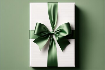  a white gift box with a green bow on it's side, on a green background, with a shadow of a wall behind it, and a shadow of a wall, with a shadow.