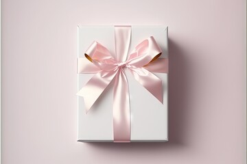  a white box with a pink ribbon and a bow on it's side, on a pink background, with a shadow of a wall and a light pink wall behind it, with a light.