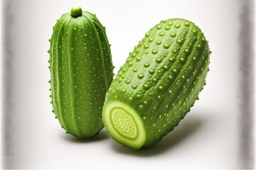  a cucumber with a slice cut out of it and a whole cucumber in the background with water droplets on it, on a white background with a light gray backdrop,.