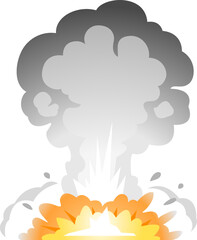 One big cartoon bomb explosion on ground with large black smoke column and fireball, bright fiery explosion with black clubs of smoke on horizontal surface isolated, explosion on side view